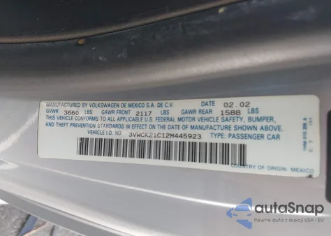 2002 Volkswagen New Beetle Gls from USA, damaged, VIN 3VWCK21C12M445923